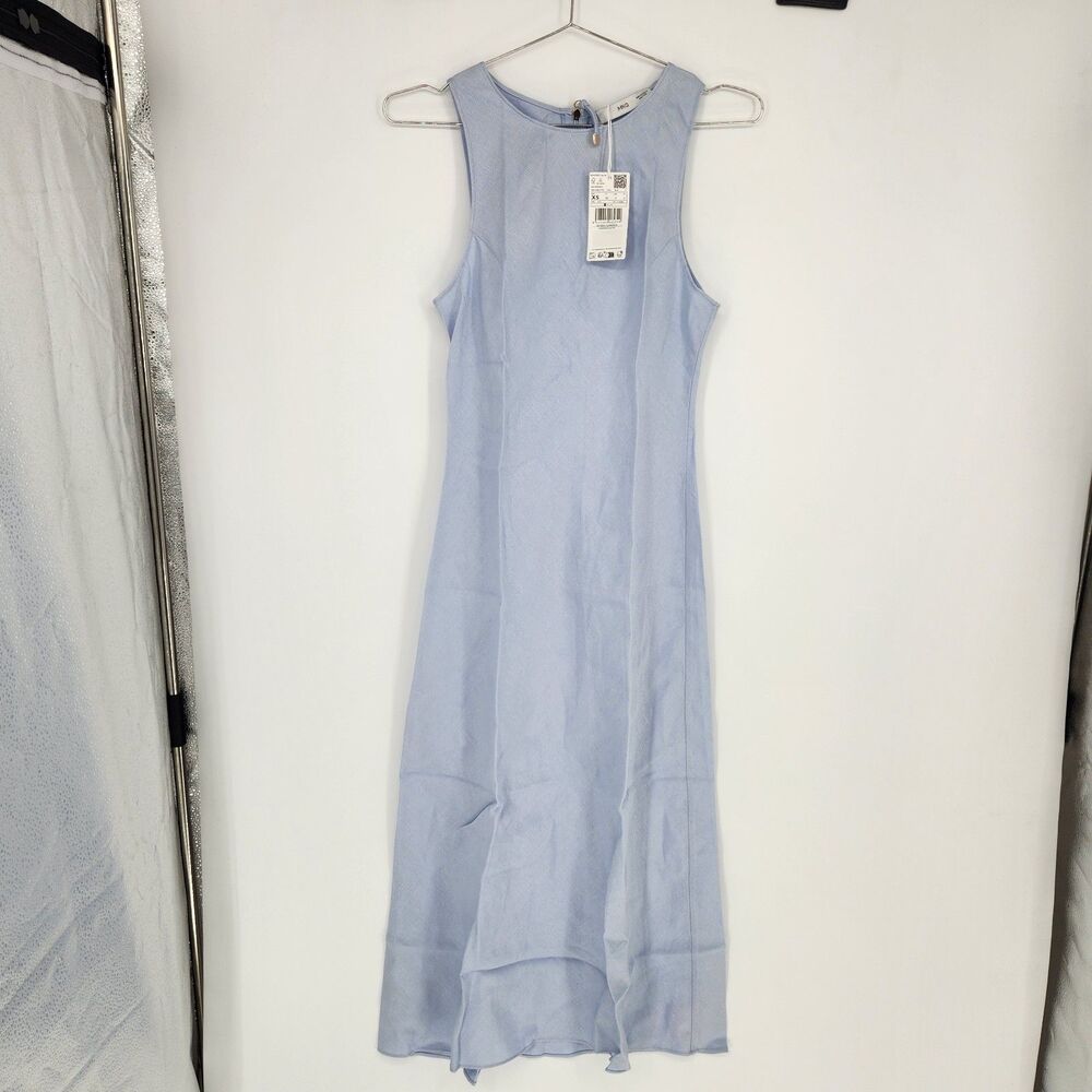 Mango MNG XS Blue Size 2 Linen Blend Midi Dress NWT